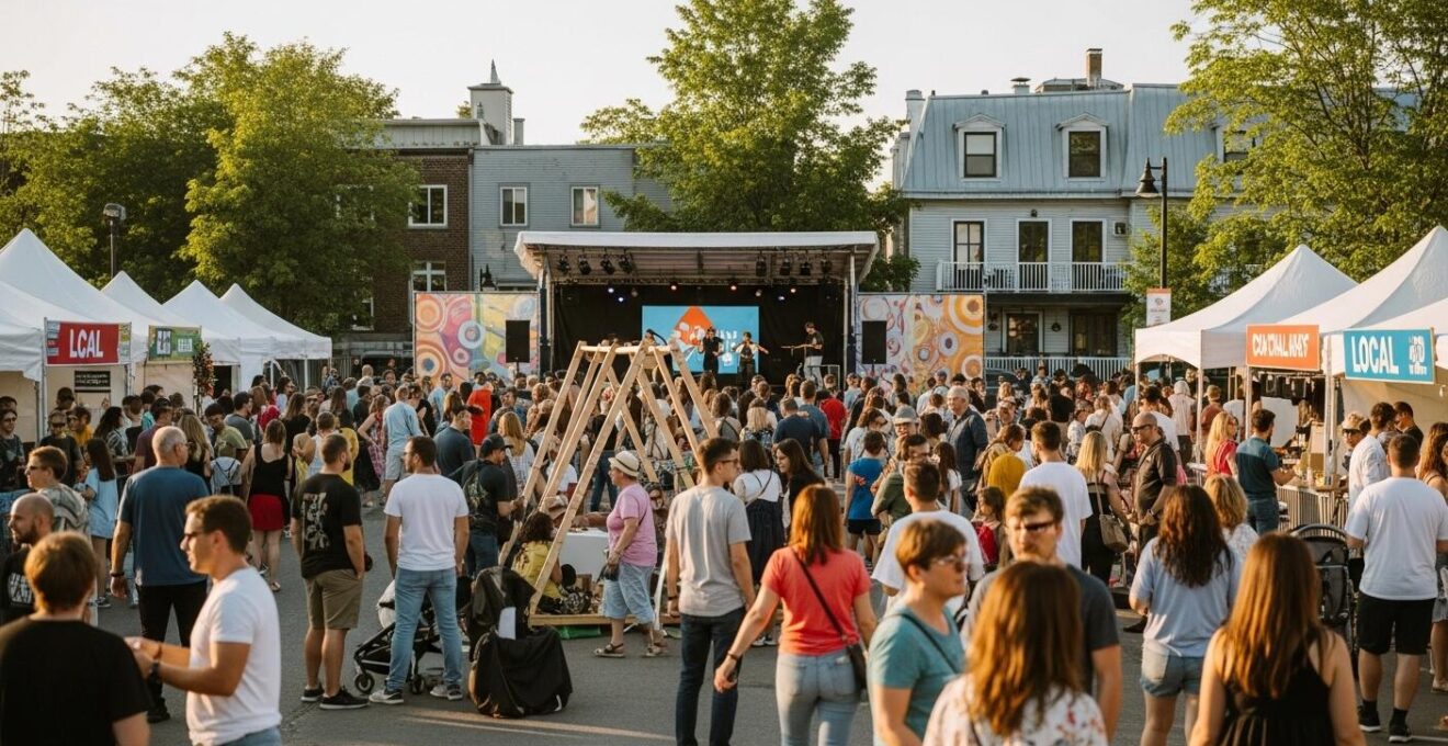 Foule joyeuse dans un festival urbain d’été au Québec avec scènes éphémères et activités culturelles de rue