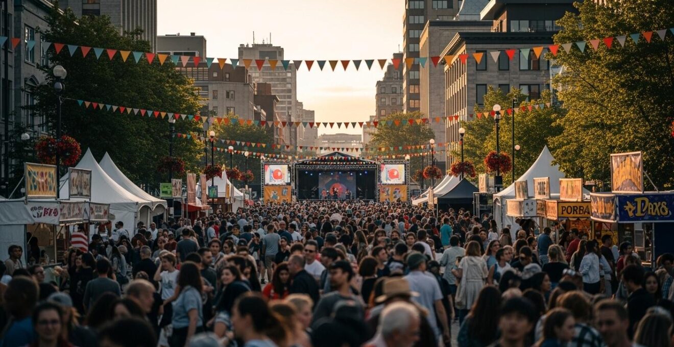 Scène animée d'une place urbaine au Québec en été avec des festivaliers, artistes de rue et marchés en plein air