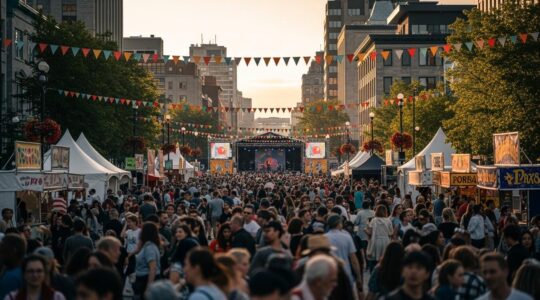 Scène animée d'une place urbaine au Québec en été avec des festivaliers, artistes de rue et marchés en plein air