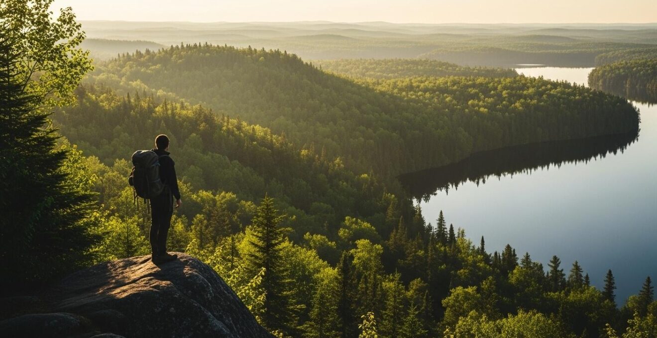 Paysage panoramique du Québec avec un campeur découvrant une forêt dense et un lac au lever du soleil