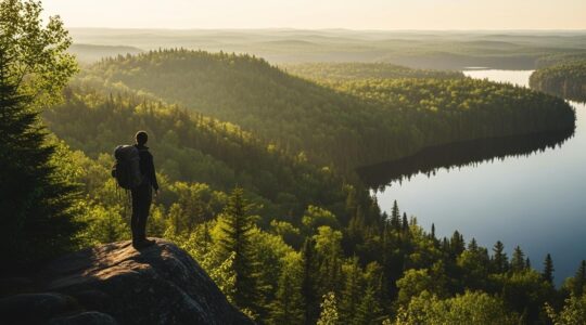 Paysage panoramique du Québec avec un campeur découvrant une forêt dense et un lac au lever du soleil