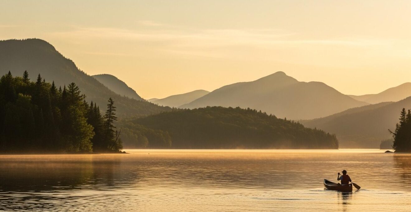 Paysage large montrant une personne en canot sur un lac au coucher du soleil dans une nature sauvage du Québec