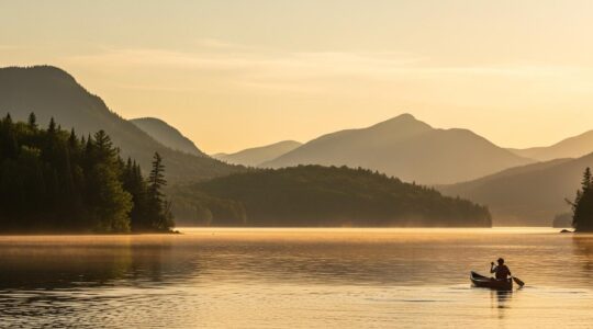 Paysage large montrant une personne en canot sur un lac au coucher du soleil dans une nature sauvage du Québec
