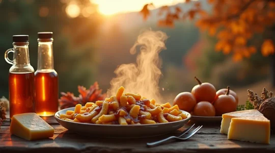 Image principale symbolique représentant la diversité de la gastronomie québécoise, incluant la poutine, le sirop d'érable et les produits du terroir québécois.