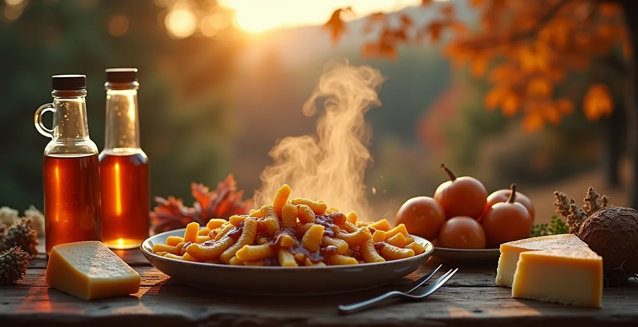 Image principale symbolique représentant la diversité de la gastronomie québécoise, incluant la poutine, le sirop d'érable et les produits du terroir québécois.