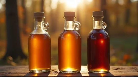 Bouteille de sirop d'érable doré, ambré et foncé sur fond de forêt québécoise, mettant en valeur le terroir et la richesse des saveurs.
