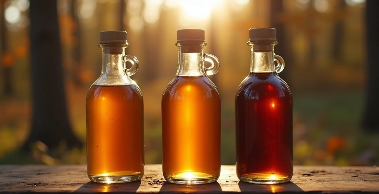 Bouteille de sirop d'érable doré, ambré et foncé sur fond de forêt québécoise, mettant en valeur le terroir et la richesse des saveurs.