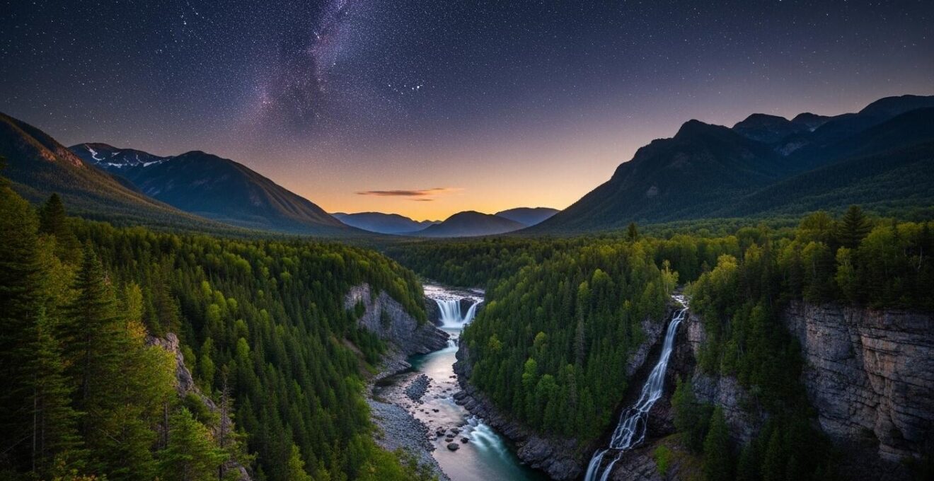 Vue panoramique d'un paysage naturel du Québec avec forêts, rivières cristallines, montagnes et cascades sous un ciel étoilé