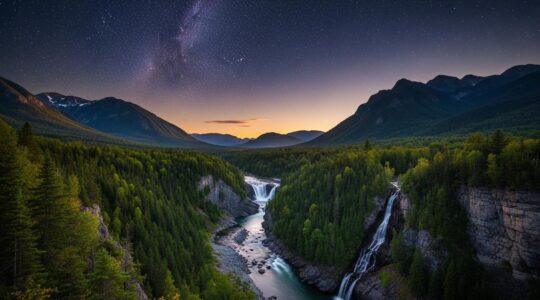 Vue panoramique d'un paysage naturel du Québec avec forêts, rivières cristallines, montagnes et cascades sous un ciel étoilé