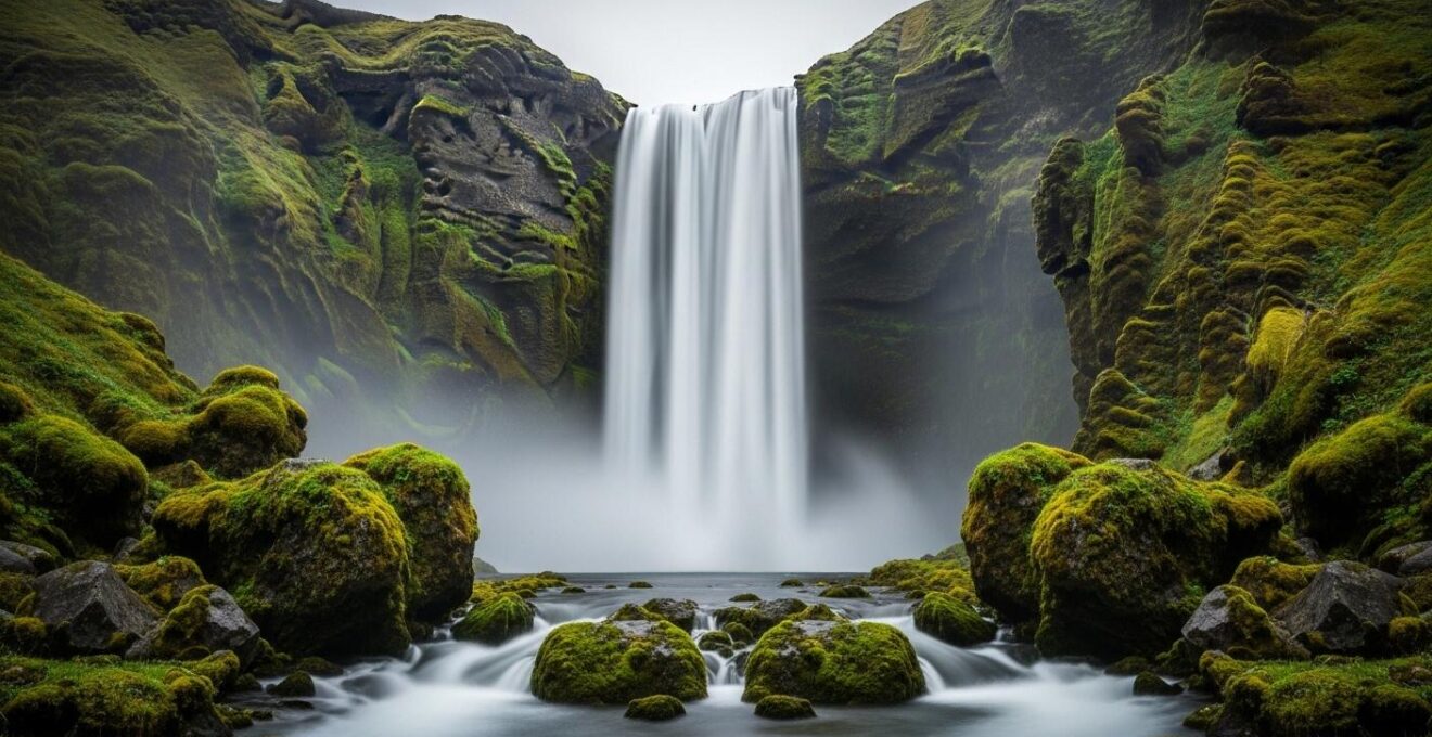 Cascade impressionnante avec brume légère, mousse et lichens couvrant les rochers, ambiance humide et mystérieuse