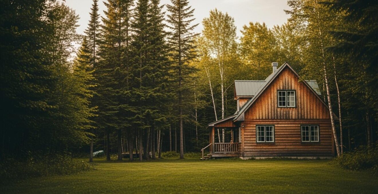 Chalet en bois rond au cœur d'une dense forêt québécoise sous la lumière douce du coucher de soleil
