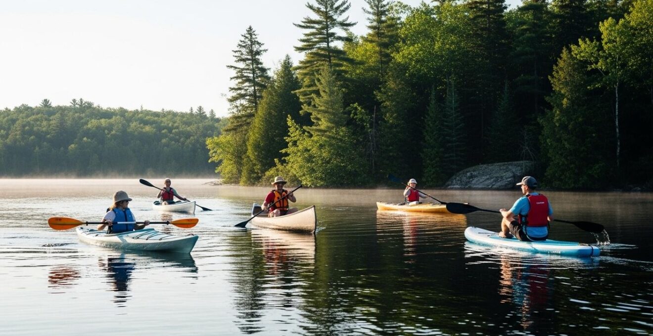 Trois personnes sur différentes embarcations : un kayak, un canot et une planche à pagaie sur un lac calme au Québec