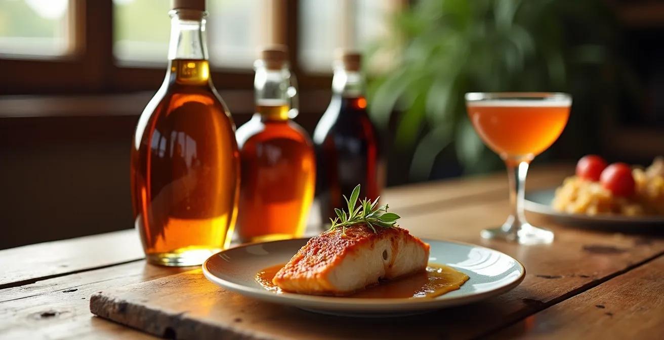 Bouteilles de sirop d'érable de différentes couleurs posées sur une table avec des aliments assortis selon leur emploi (poisson, magret, cocktail).