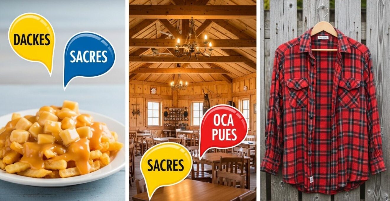Collage photographique symbolique des clichés québécois : poutine, cabane à sucre, chemise à carreaux, et expressions populaires colorées