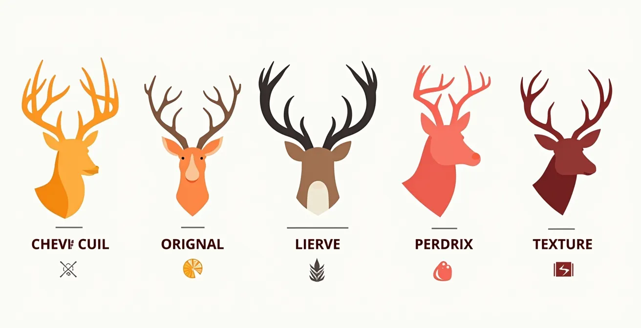 Tableau comparatif visuel entre différents types de gibier montrant leurs saveurs et textures