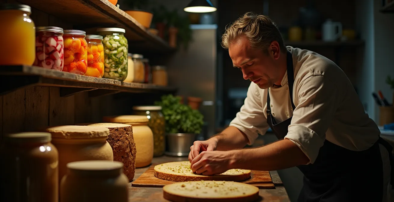 Techniques artisanales de conservation : cave à fromage maison, bocaux de légumes lacto-fermentés, déchets alimentaires valorisés en cuisine