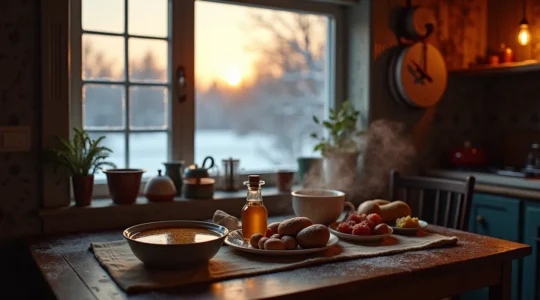 Une scène chaleureuse dans une cuisine traditionnelle québécoise, montrant des aliments de saison comme des pommes de terre, du lard et du sirop d'érable, avec une fenêtre gelée donnant sur un paysage enneigé.