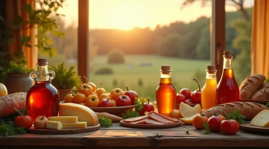 Une table rustique garnie de produits du terroir québécois frais et artisanaux, symbolisant la richesse locale