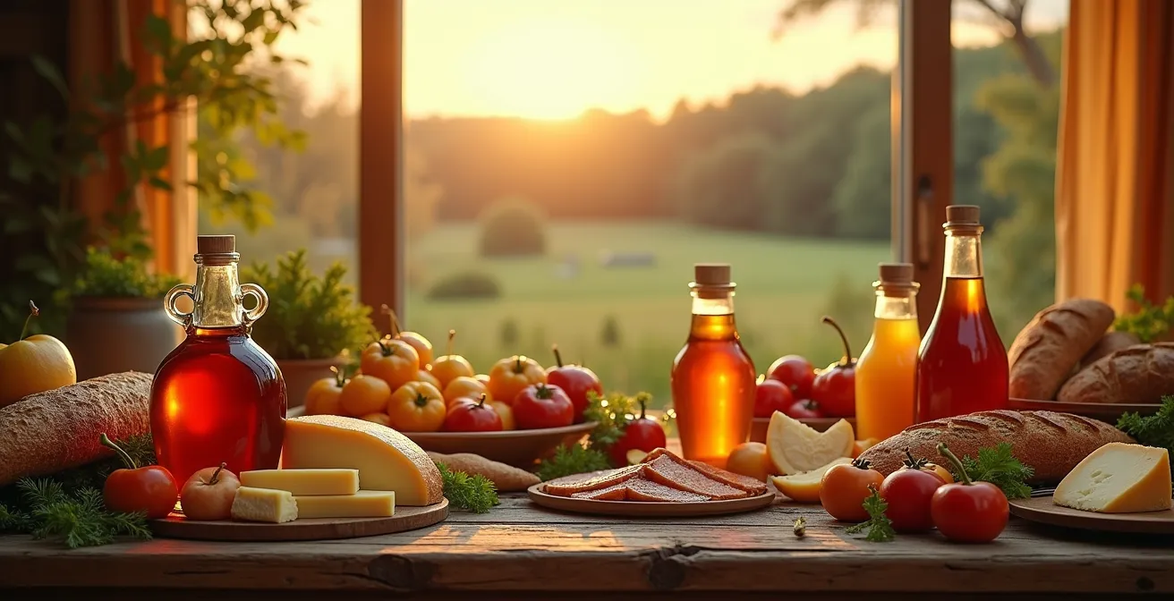 Une table rustique garnie de produits du terroir québécois frais et artisanaux, symbolisant la richesse locale