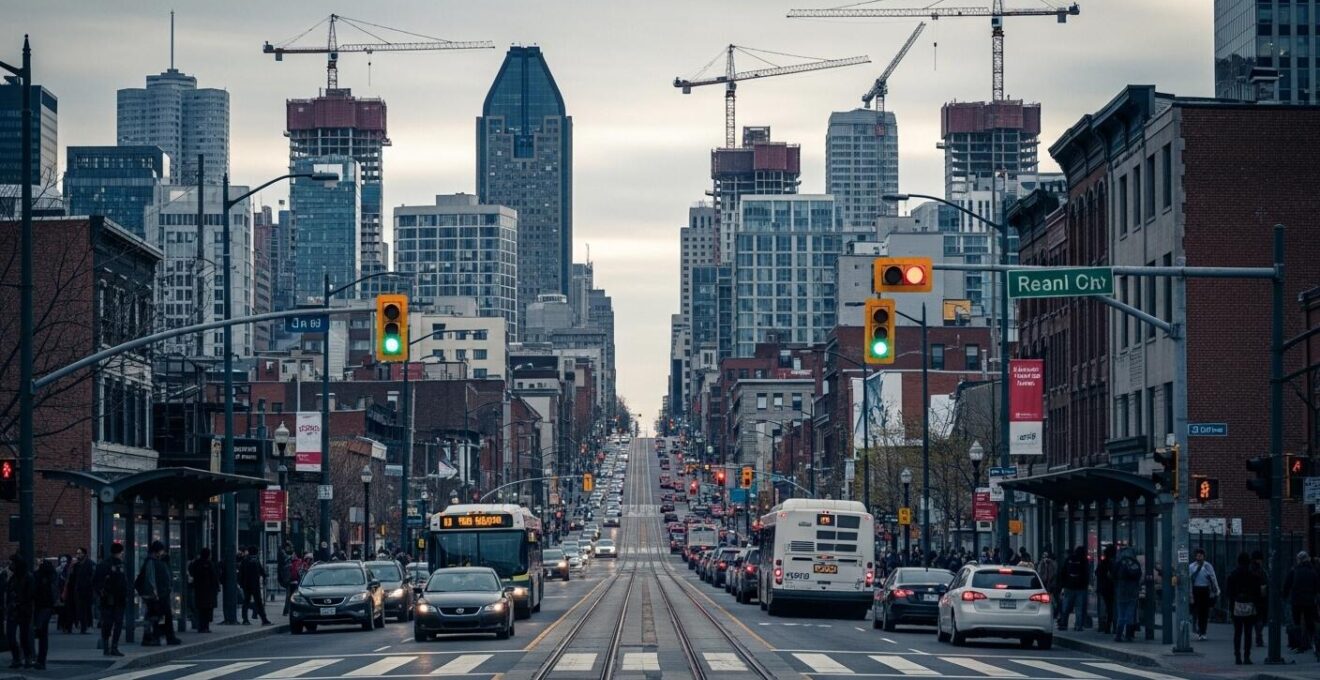 Vue urbaine montrant la congestion, la construction et les défis immobiliers dans un quartier dynamique de Montréal