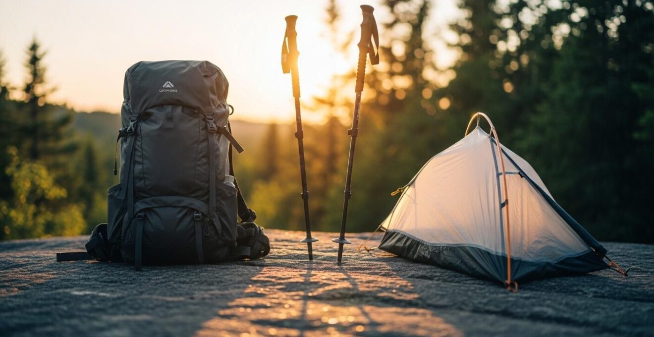 Vue rapprochée d’un sac à dos ultraléger posé sur un rocher, avec une tente légère et des bâtons de marche, sous la lumière douce du lever de soleil