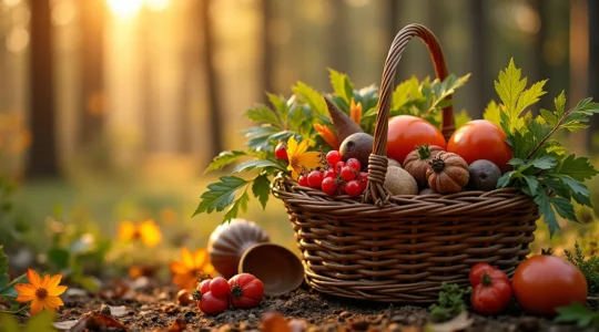 Un panier en osier rempli de plantes boréales comestibles et d'épices forestières sur un fond de forêt boréale québécoise en automne
