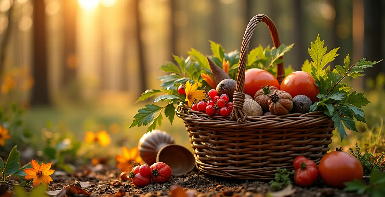 Un panier en osier rempli de plantes boréales comestibles et d'épices forestières sur un fond de forêt boréale québécoise en automne