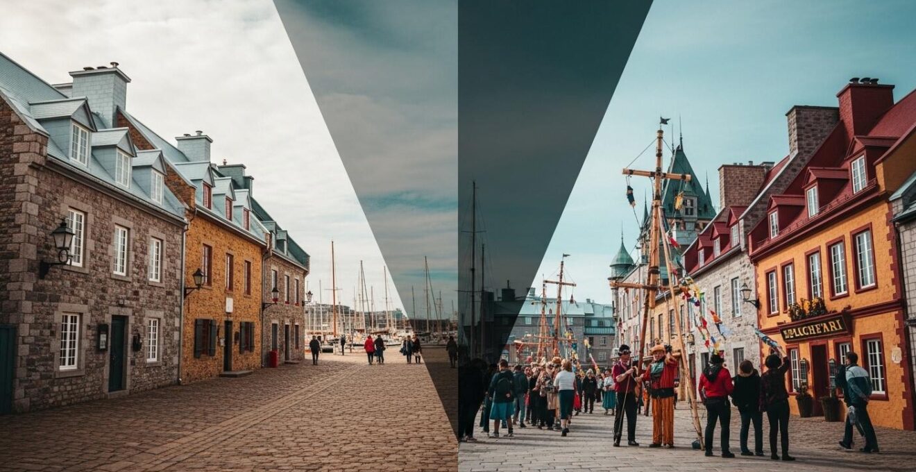 Illustration montrant un contraste culturel entre un vieux village français du 17e siècle et une scène de traditions québécoises actuelles