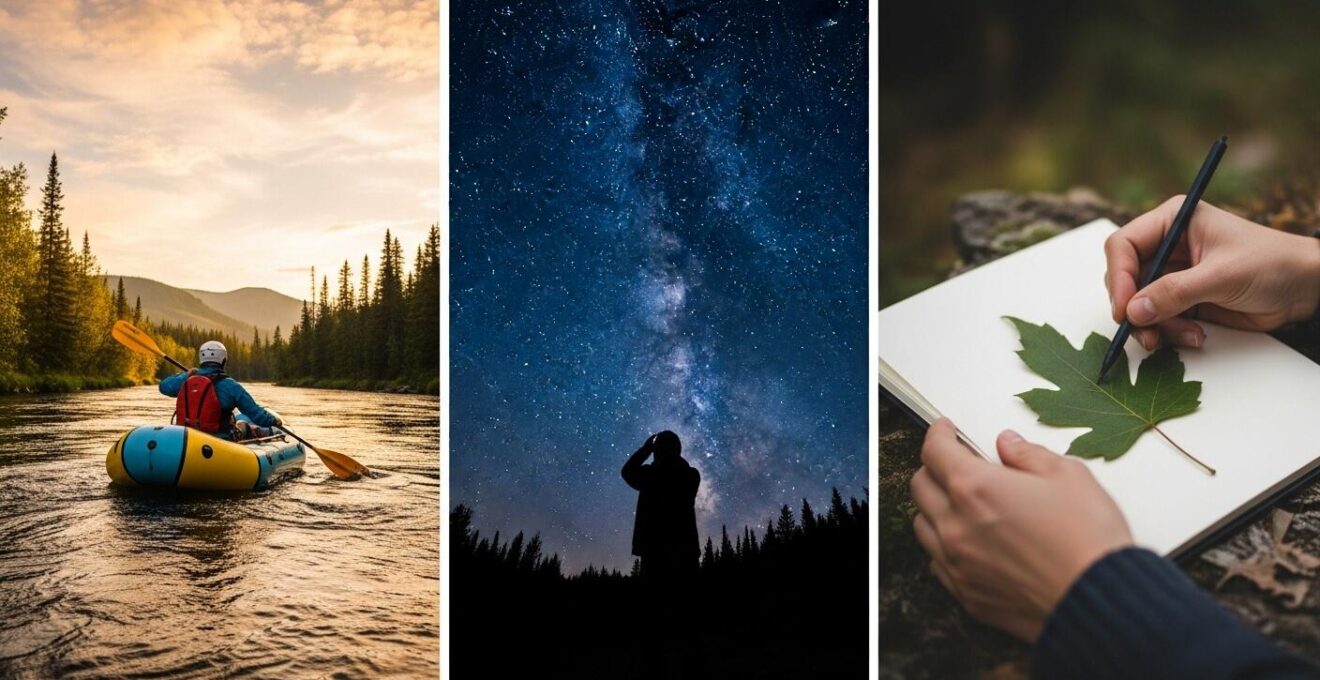Collage évocateur d'activités immersives : packrafting sur rivière, ciel étoilé du Mont-Mégantic, et carnet de nature avec dessin de feuille
