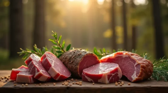 Viande de gibier sauvage québécois mise en scène rustique avec forêt en arrière-plan