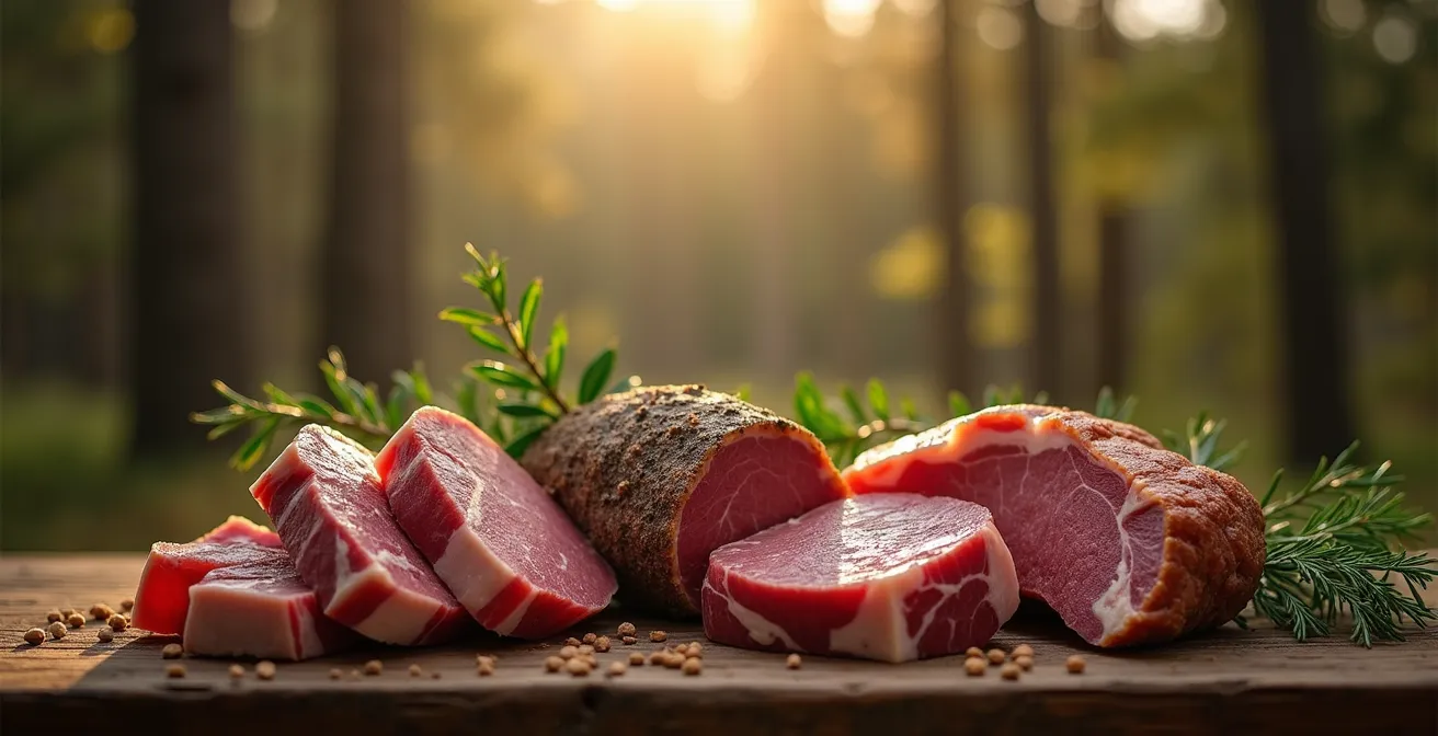 Viande de gibier sauvage québécois mise en scène rustique avec forêt en arrière-plan