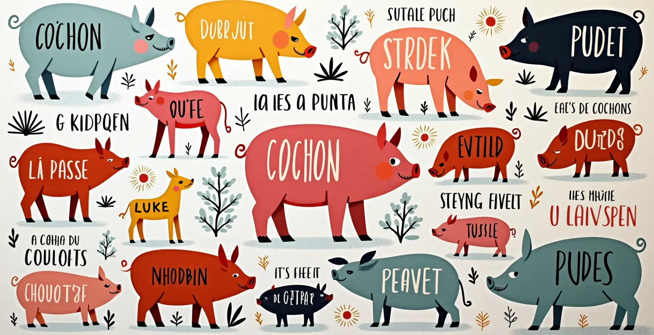 Une fresque illustrée mettant en scène des expressions québécoises populaires contenant le mot 'cochon', comme 'tête de cochon' ou 'soue à cochons', dans un style graphique coloré et vivant.