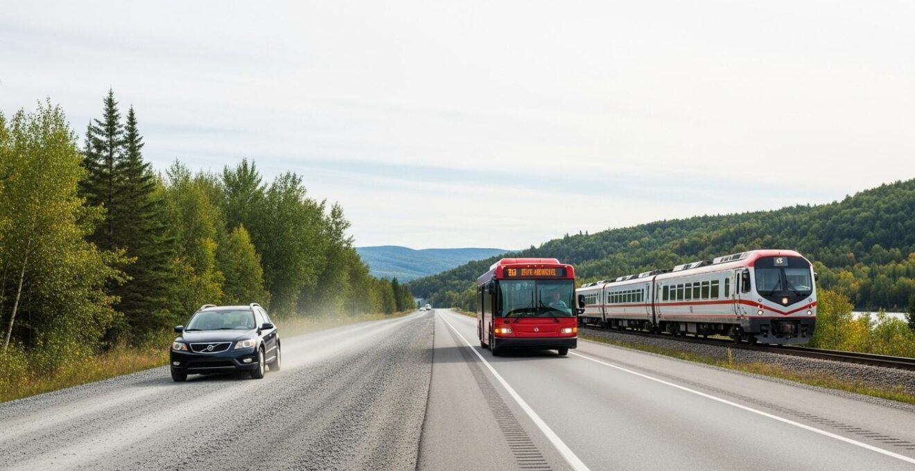 Voiture, bus et train sur fond de routes et paysages québécois illustrant le choix de transport