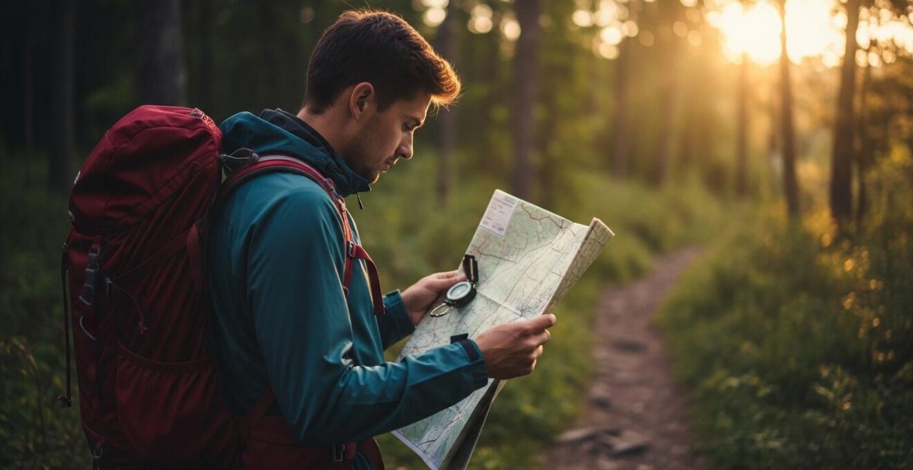 Randonneur consultant une carte topographique détaillée en forêt québécoise au lever du soleil