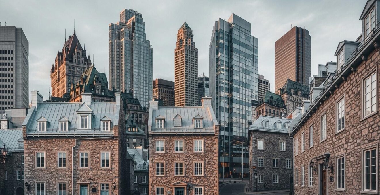 Une illustration symbolique montrant les anciennes pierres des villes québécoises avec un reflet moderne, représentant la continuité entre passé et présent