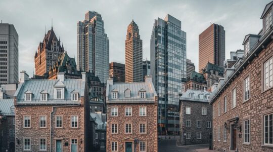 Une illustration symbolique montrant les anciennes pierres des villes québécoises avec un reflet moderne, représentant la continuité entre passé et présent