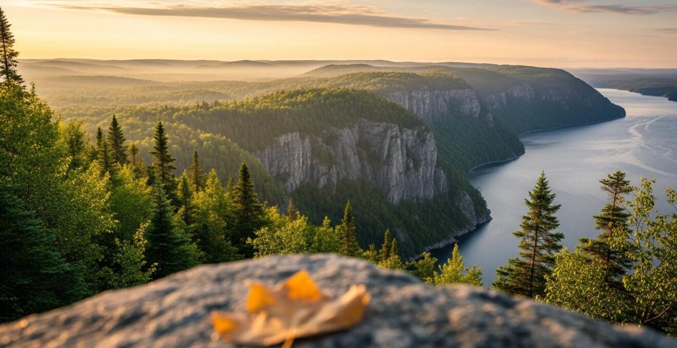 Un paysage québécois grandiose montrant une forêt boréale, un fjord majestueux et un coucher de soleil éclatant
