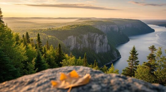 Un paysage québécois grandiose montrant une forêt boréale, un fjord majestueux et un coucher de soleil éclatant