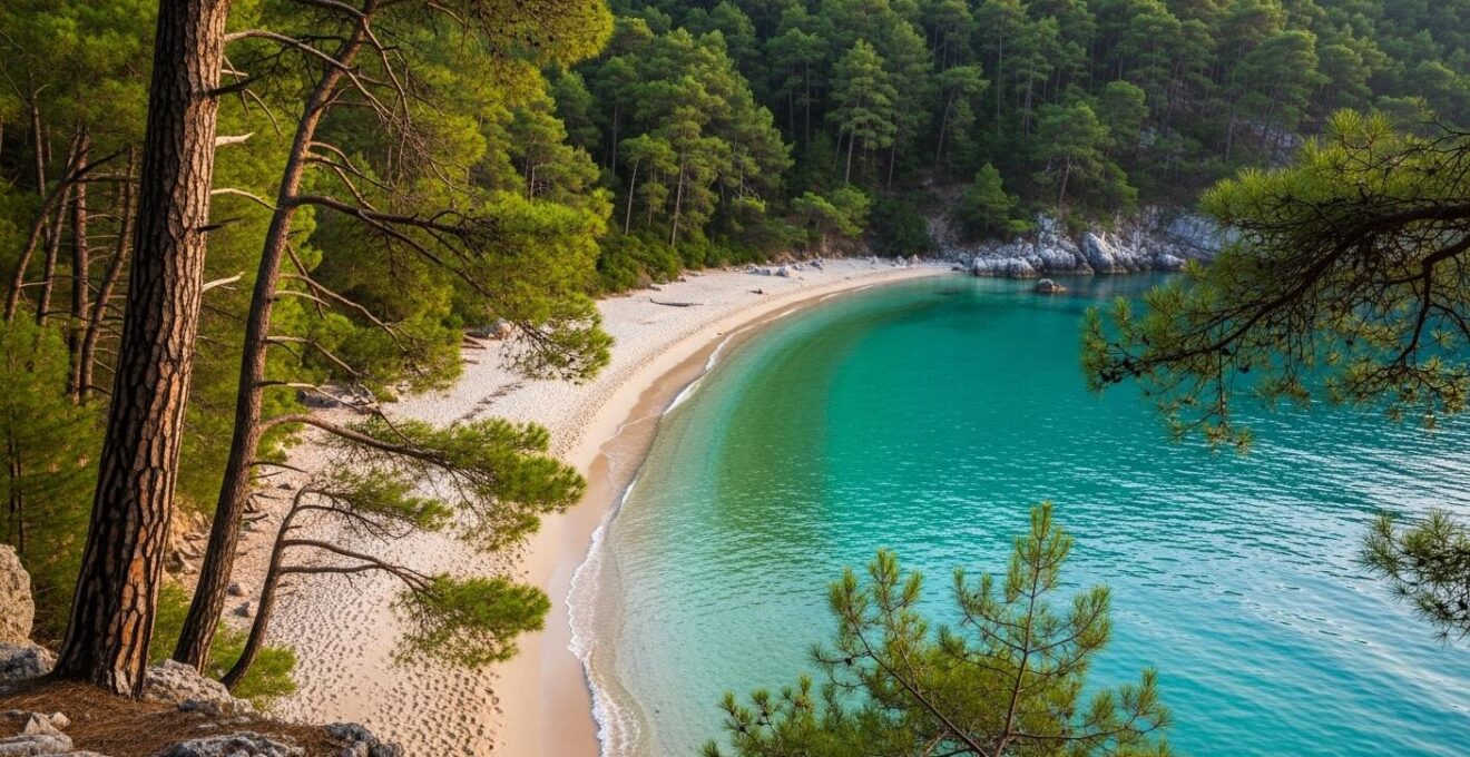 Plage secrète au sable fin avec eau turquoise claire entourée de forêt dense, ambiance paisible et naturelle