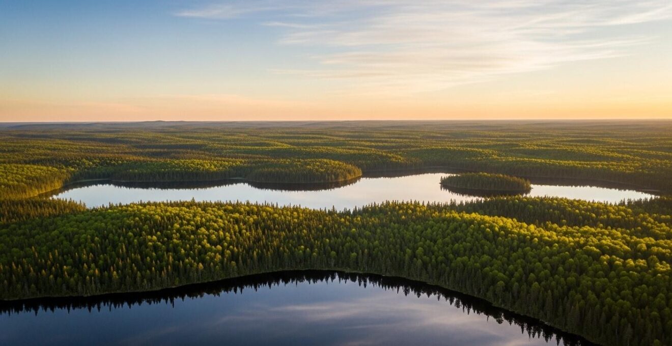 Vue aérienne d'une vaste forêt boréale au crépuscule, avec des lacs miroirs et des tons dorés, symbolisant la respiration de la nature.