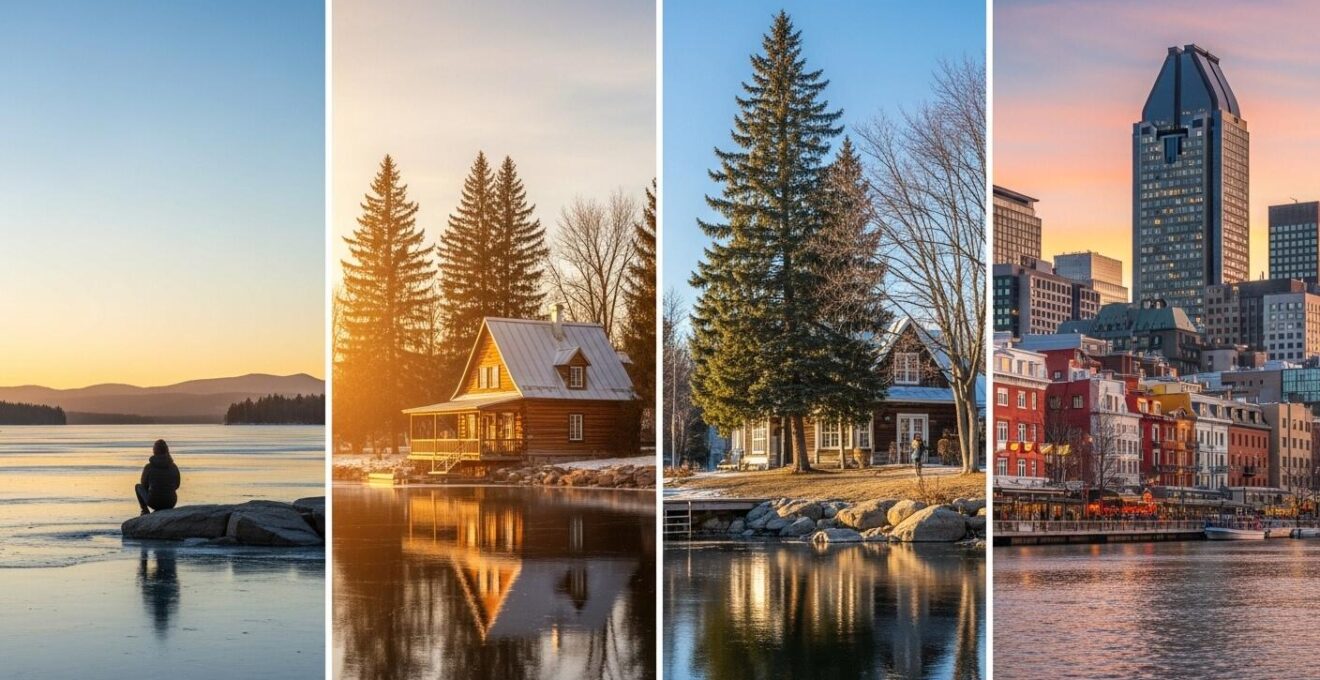 Vue panoramique symbolique du Québec comprenant un paysage naturel, un chalet, un lac gelé et une ville francophone animée