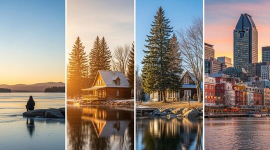 Vue panoramique symbolique du Québec comprenant un paysage naturel, un chalet, un lac gelé et une ville francophone animée