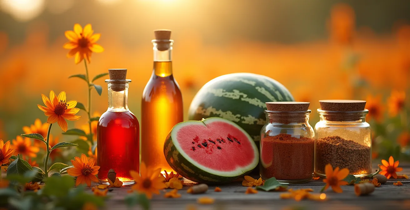 Produits du terroir québécois innovants tels que le safran nordique, melon d'eau dans un champ, hydromel artisanal en bouteille et épices autochtones