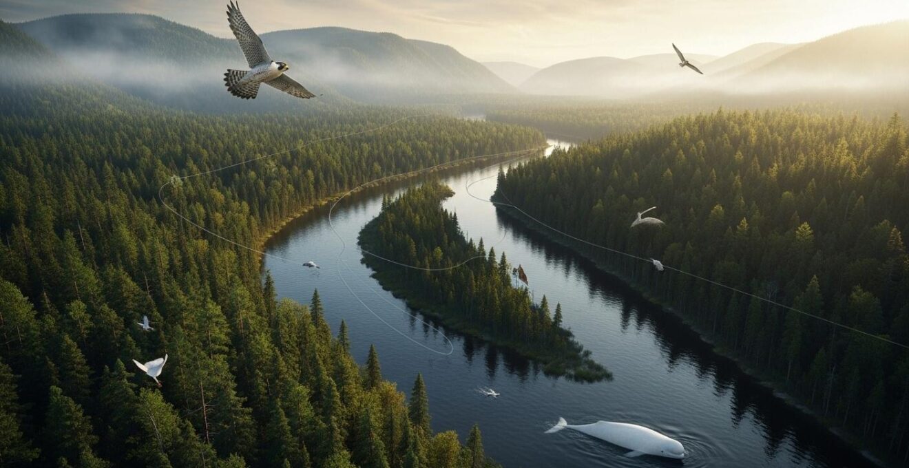 Paysage naturel du Québec avec des éléments symboliques de protection de la nature, incluant une forêt dense, un fleuve et des espèces comme le béluga et le faucon pèlerin.