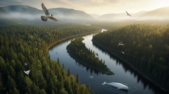 Paysage naturel du Québec avec des éléments symboliques de protection de la nature, incluant une forêt dense, un fleuve et des espèces comme le béluga et le faucon pèlerin.