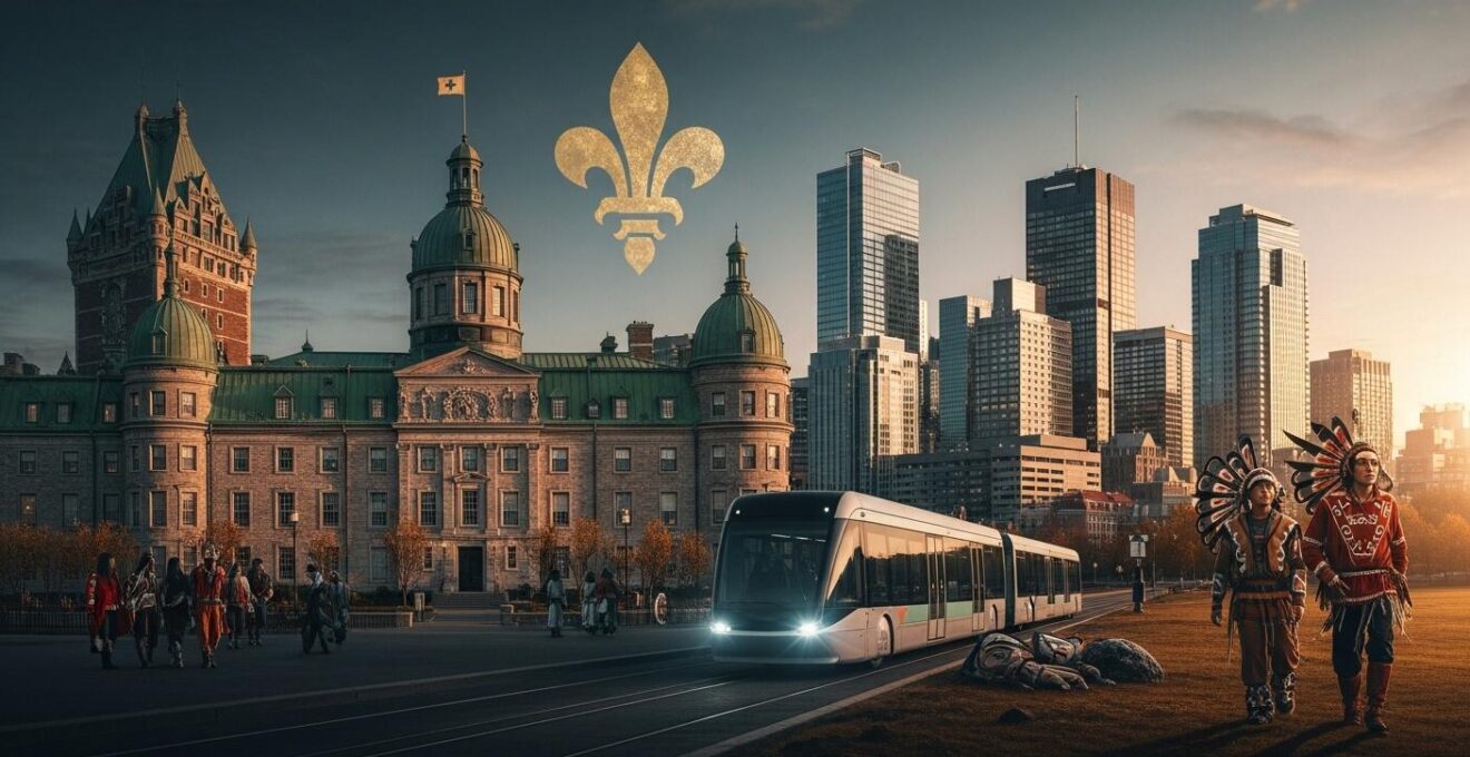 Scène symbolique illustrant l'identité unique du Québec, mêlant éléments culturels français, nord-américains et autochtones