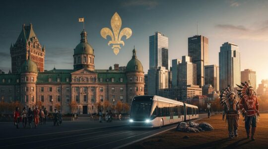 Scène symbolique illustrant l'identité unique du Québec, mêlant éléments culturels français, nord-américains et autochtones
