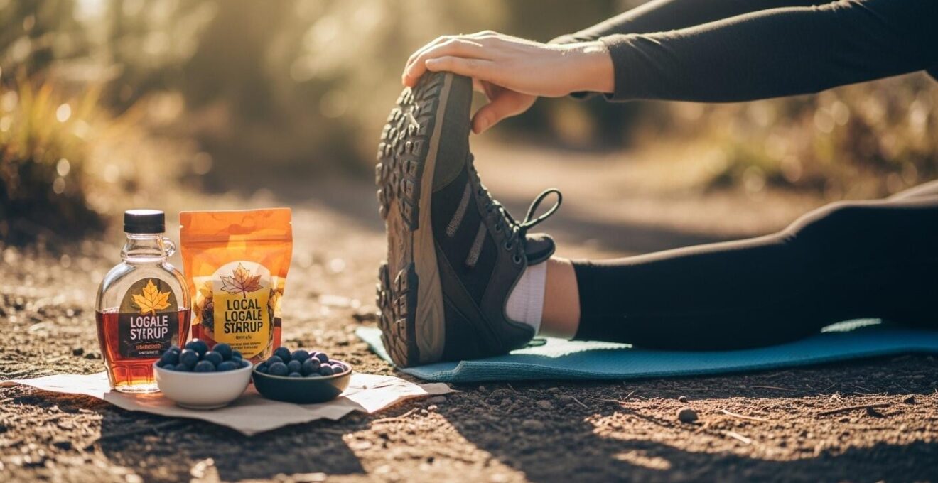 Un randonneur effectuant des étirements actifs au soleil avec des aliments énergétiques locaux comme le sirop d'érable et les bleuets à côté