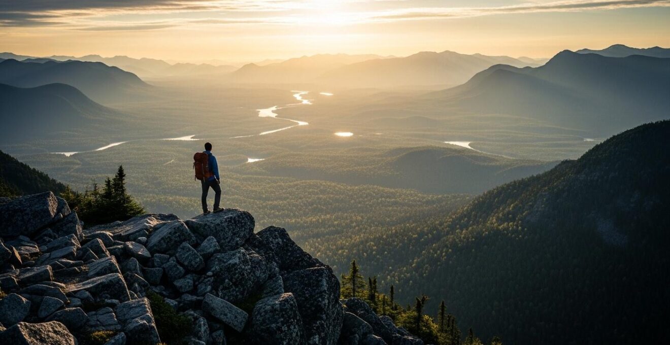 Un randonneur debout sur un sommet avec un sac à dos, surplombant un paysage naturel sauvage et montagneux typique du Québec à l'aube