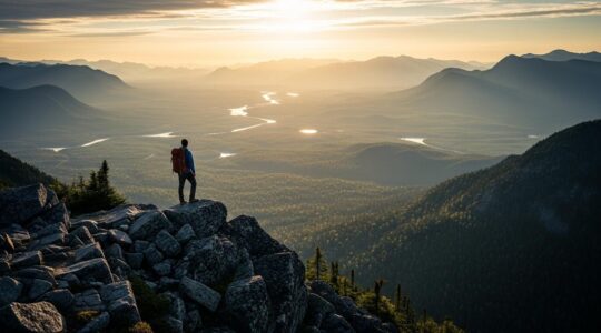 Un randonneur debout sur un sommet avec un sac à dos, surplombant un paysage naturel sauvage et montagneux typique du Québec à l'aube